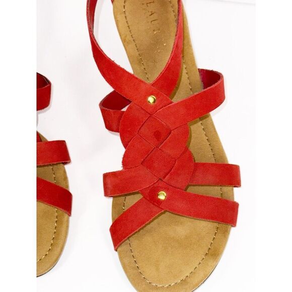 Ralph Lauren Demi Wedge Sandal Red Leather Strappy Gold Buckle Comfort 9.5 B - Picture 8 of 16